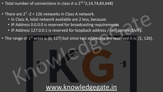 KnowledgeGate
www.knowledgegate.in
• Total number of connections in class A is 231 (
2,14,74,83,648)
• There are 27
-2 = 126 networks in Class A network.
• In Class A, total network available are 2 less, because:
• IP Address 0.0.0.0 is reserved for broadcasting requirements
• IP Address 127.0.0.1 is reserved for loopback address / self-connectivity.
• The range of 1st
octet is [0, 127] but since two addresses are reserved it is: [1, 126].
 
