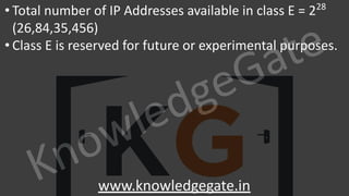 KnowledgeGate
www.knowledgegate.in
• Total number of IP Addresses available in class E = 228
(26,84,35,456)
• Class E is reserved for future or experimental purposes.
 