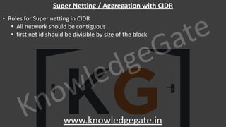 KnowledgeGate
www.knowledgegate.in
Super Netting / Aggregation with CIDR
• Rules for Super netting in CIDR
• All network should be contiguous
• first net id should be divisible by size of the block
 