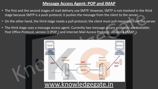 KnowledgeGate
www.knowledgegate.in
Message Access Agent: POP and IMAP
• The first and the second stages of mail delivery use SMTP. However, SMTP is not involved in the third
stage because SMTP is a push protocol; it pushes the message from the client to the server.
• On the other hand, the third stage needs a pull protocol; the client must pull messages from the server.
• The third stage uses a message access agent. Currently two message access protocols are available:
Post Office Protocol, version 3 (POP3
) and Internet Mail Access Protocol, version 4 (IMAP4
).
 