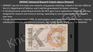 KnowledgeGate
www.knowledgegate.in
ARPANET (Advanced Research Projects Agency Network)
• ARPANET was the first wide-area network using packet switching, created in the late 1960s by
the U.S. Department of Defense, and it laid the groundwork for today's internet.
• It introduced early networking protocols like NCP, gave rise to applications like email, and was
designed for research and resource sharing, expanding to connect hundreds of institutions
over time.
• Though decommissioned in 1990, its technologies and concepts had a lasting impact, inspiring
subsequent networks and internet protocols, but initially lacked strong security measures.
 