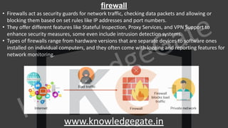 KnowledgeGate
www.knowledgegate.in
firewall
• Firewalls act as security guards for network traffic, checking data packets and allowing or
blocking them based on set rules like IP addresses and port numbers.
• They offer different features like Stateful Inspection, Proxy Services, and VPN Support to
enhance security measures, some even include intrusion detection systems.
• Types of firewalls range from hardware versions that are separate devices to software ones
installed on individual computers, and they often come with logging and reporting features for
network monitoring.
 
