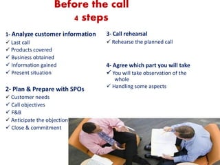 Before the call
4 steps
1- Analyze customer information
 Last call
 Products covered
 Business obtained
 Information gained
 Present situation
2- Plan & Prepare with SPOs
 Customer needs
 Call objectives
 F&B
 Anticipate the objection
 Close & commitment
3- Call rehearsal
 Rehearse the planned call
4- Agree which part you will take
 You will take observation of the
whole
 Handling some aspects
 
