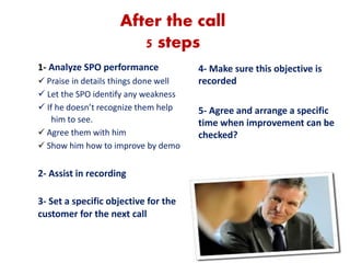 After the call
5 steps
1- Analyze SPO performance
 Praise in details things done well
 Let the SPO identify any weakness
 If he doesn’t recognize them help
him to see.
 Agree them with him
 Show him how to improve by demo
2- Assist in recording
3- Set a specific objective for the
customer for the next call
4- Make sure this objective is
recorded
5- Agree and arrange a specific
time when improvement can be
checked?
 