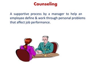5
Counseling
A supportive process by a manager to help an
employee define & work through personal problems
that affect job performance.
 