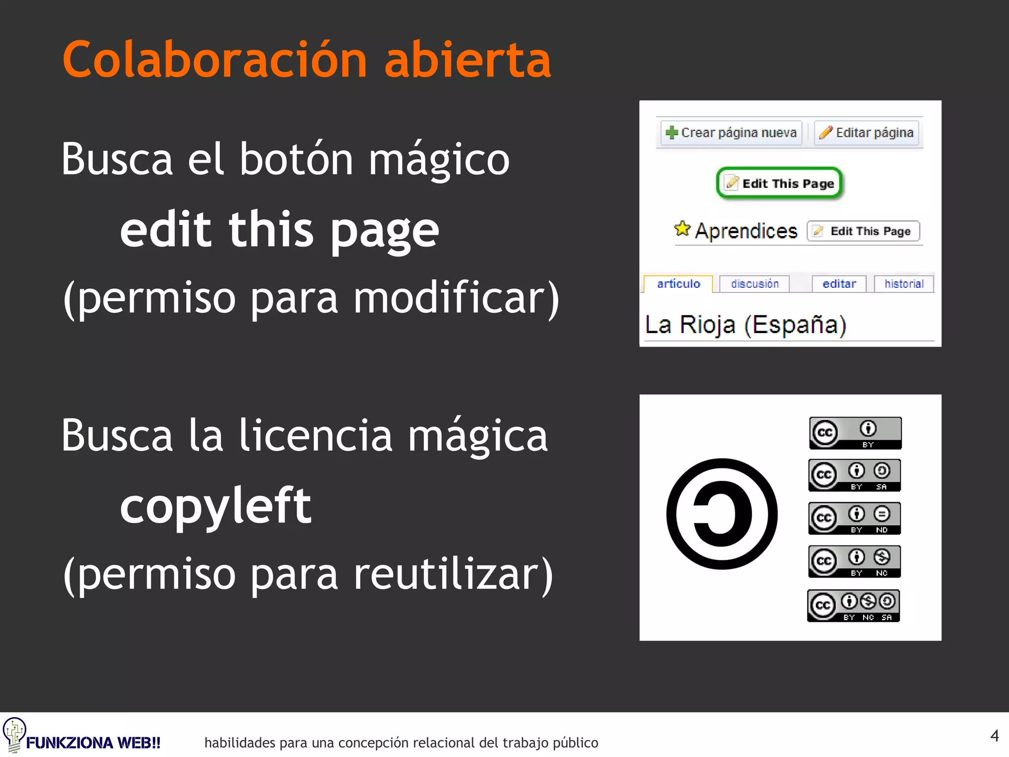 Colaboración abierta Busca el botón mágico edit this page (permiso para modificar)  Busca la licencia mágica copyleft (permiso para reutilizar) 