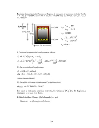 204
Problema: Calcular y graficar 4 puntos del diagrama de interacción de la columna mostrada. Usar f´c
= 28 MPa, fy = 420 MPa, sección 40x40 cm., As1: 4#9 (25.8 cm2
), As2: 4#9 (25.8 cm2
), Ast = As1 +
As2 = 51.6cm2
.
1. Calculo de la carga nominal concéntrica axial máxima.
( )
kN
x
n
P
st
fyA
st
A
g
A
c
f
n
P
4
.
5852
2
100
6
.
51
*
6
10
420
2
100
6
.
51
2
4
.
0
6
10
*
28
*
85
.
0
´
85
.
0
=
+








−
=
+
−
=
1.1. Carga nominal axial concéntrica es:
´)
(
06
.
3804
4
.
5852
*
65
.
0
)
(
4
.
5852
PtoA
kN
n
P
PtoA
kN
n
P
→
=
=
→
=
φ
(Reducción de resistencia)
1.2. Capacidad máxima permitida de carga (Por desalineamiento)
kN
n
P 2853
06
.
3804
*
75
.
0
max =
=
φ
Este valor se pinta como una línea horizontal, los valores de φPn y φMn del diagrama de
interacción no se usan en el diseño.
2. Cálculo de φPn y φMn para falla balanceada (εs1=-εy)
Cálculo de c y la deformación en el refuerzo.
0.0021
y
9
10
*
200
6
10
*
420
S
E
y
f
y
0.03225
t
ρ
40x40
51.6
g
A
st
A
t
ρ
=
=
=
=
=
=
ε
ε
 