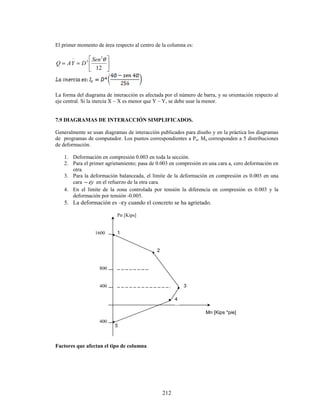 212
El primer momento de área respecto al centro de la columna es:






=
=
−
12
3
3 θ
Sen
D
Y
A
Q
La forma del diagrama de interacción es afectada por el número de barra, y su orientación respecto al
eje central. Si la inercia X – X es menor que Y – Y, se debe usar la menor.
7.9 DIAGRAMAS DE INTERACCIÓN SIMPLIFICADOS.
Generalmente se usan diagramas de interacción publicados para diseño y en la práctica los diagramas
de programas de computador. Los puntos correspondientes a Pn, Mn corresponden a 5 distribuciones
de deformación.
1. Deformación en compresión 0.003 en toda la sección.
2. Para el primer agrietamiento; pasa de 0.003 en compresión en una cara a, cero deformación en
otra.
3. Para la deformación balanceada, el límite de la deformación en compresión es 0.003 en una
cara y
ε
− en el refuerzo de la otra cara.
4. En el límite de la zona controlada por tensión la diferencia en compresión es 0.003 y la
deformación por tensión -0.005.
5. La deformación es –εy cuando el concreto se ha agrietado.
Factores que afectan el tipo de columna
400
400
800
1600 1
2
3
4
5
Pn [Kips]
Mn [Kips *pie]
 