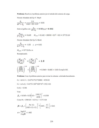 239
Problema: Resolver el problema anterior por el método del contorno de carga.
Flexión Alrededor del Eje Y. Mny0
Entro al gráfico con
Flexión Alrededor Del Eje X, Mnx0.
Reemplazando.
Problema: Usar el problema anterior para revisar la columna solicitada biaxialmente.
Cc = φ b h f´c = 0.65*0.5*0.5*28000 = 4550 kN
Cs = φ As fy = 0.65*51/1002
*420*106
=1392.3 kN
Cs/Cc = 0.306
Usar:
558
.
0
4550
3
.
1392
5
.
0
35
.
0
545
.
0
2
25 =






−
+
=
β
Como Pu = 2500 kN < 0.25 Cc = 1137.5 kN
61
.
0
2
85
.
0
*
/
85
.
0
/
2
25 =






−






+
+
=
Cc
Cs
Cc
Cs
Cc
Pu
b β
β
402
.
1
5
.
0
log
=
=
b
Logβ
α
 