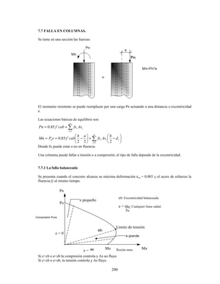 200
7.7 FALLA EN COLUMNAS.
Se tiene en una sección las fuerzas:
El momento resistente se puede reemplazar por una carga Pn actuando a una distancia o excentricidad
e.
Las ecuaciones básicas de equilibrio son:
∑
=
+
=
n
i
i
i As
fs
cab
f
Pn
1
´
85
.
0
∑
=






−
+






−
=
=
n
i
i
i
i
n d
h
As
fs
a
h
cab
f
e
P
Mn
1 2
2
2
´
85
.
0
Donde fsi puede estar o no en fluencia.
Una columna puede fallar a tensión o a compresión; el tipo de falla depende de la excentricidad.
7.7.1 La falla balanceada
Se presenta cuando el concreto alcanza su máxima deformación εcu = 0.003 y el acero de refuerzo la
fluencia fy al mismo tiempo.
Si c>cb o e<eb la compresión controla y As no fluye.
Si c<cb o e>eb, la tensión controla y As fluye.
e = 0
Po
Pn
Mn
Mo
e = ∞
e grande
eb
e pequeño
Límite de tensión
eb: Excentricidad balanceada
e = Mn: Cualquier línea radial.
Pn
flexión pura
Compresión Pura
 