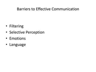 Barriers to Effective Communication



•   Filtering
•   Selective Perception
•   Emotions
•   Language
 