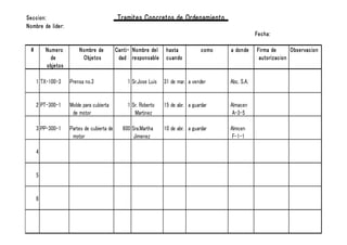 Seccion:                                    Tramites Concretos de Ordenamiento
Nombre de lider:
                                                                                                      Fecha:

  #       Numero        Nombre de           Canti- Nombre del      hasta           como   a donde     Firma de      Observacion
            de           Objetos             dad responsable       cuando                              autorizacion
          objetos

      1 TX-100-3    Prensa no.3                  1 Sr.Jose Luis   31 de mar. a vender     Abc, S.A.


      2 PT-300-1    Molde para cubierta          1 Sr. Roberto    15 de abr. a guardar    Almacen
                     de motor                       Martinez                               A-3-5

      3 PP-300-1    Partes de cubierta de      600 Sra.Martha     10 de abr. a guardar    Almcen
                     motor                          Jimenez                                F-1-1

      4


      5


      6
 