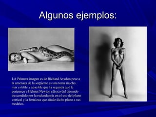 Algunos ejemplos:Algunos ejemplos:
LA Primera imagen es de Richard Avedon pese aLA Primera imagen es de Richard Avedon pese a
la amenaza de la serpiente es una toma muchola amenaza de la serpiente es una toma mucho
más estable y apacible que la segunda que lemás estable y apacible que la segunda que le
pertenece a Helmut Newton clásico del desnudopertenece a Helmut Newton clásico del desnudo
trascendido por la redundancia en el uso del planotrascendido por la redundancia en el uso del plano
vertical y la fortaleza que añade dicho plano a susvertical y la fortaleza que añade dicho plano a sus
modelos.modelos.
 