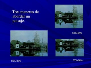 Tres maneras deTres maneras de
abordar unabordar un
paisaje.paisaje.
33%-66%33%-66%66%-33%66%-33%
50%-50%50%-50%
 