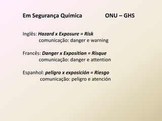Em Segurança Química ONU – GHS
Inglês: Hazard x Exposure = Risk
comunicação: danger e warning
Francês: Danger x Exposition = Risque
comunicação: danger e attention
Espanhol: peligro x exposición = Riesgo
comunicação: peligro e atención
 