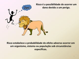 7
Risco é a possibilidade de ocorrer um
dano devido a um perigo.Ops!
Risco estabelece a probabilidade do efeito adverso ocorrer em
um organismo, sistema ou população sob circunstâncias
específicas.
 