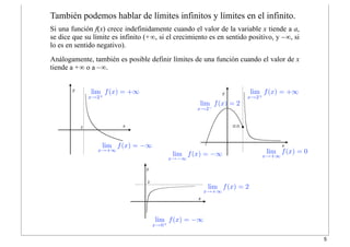 lim
x→2−
f(x) = 2
lim
x→+∞
f(x) = 0
lim
x→0+
f(x) = −∞
lim
x→+∞
f(x) = 2
También podemos hablar de límites infinitos y límites en el infinito.
lim
x→2+
f(x) = +∞
lim
x→+∞
f(x) = −∞
lim
x→−∞
f(x) = −∞
lim
x→2+
f(x) = +∞
Si una función f(x) crece indefinidamente cuando el valor de la variable x tiende a a,
se dice que su límite es infinito (+∞, si el crecimiento es en sentido positivo, y –∞, si
lo es en sentido negativo).
Análogamente, también es posible definir límites de una función cuando el valor de x
tiende a +∞ o a –∞.
5
 