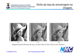 UNIVERSIDADE FEDERAL DE SERGIPE          Efeito da taxa de amostragem na
      CENTRO DE CIÊNCIAS EXATAS E TECNOLOGIA
      NÚCLEO DE ENGENHARIA MECÂNICA                                    imagem.




11/08/2009 18:03                 Prof. Douglas Bressan Riffel    11
 