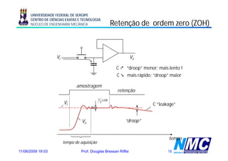 UNIVERSIDADE FEDERAL DE SERGIPE
      CENTRO DE CIÊNCIAS EXATAS E TECNOLOGIA
      NÚCLEO DE ENGENHARIA MECÂNICA                   Retenção de ordem zero (ZOH)



                    Vi                                           Vo

                                                       C    “droop” menor; mais lento !
                                                       C    mais rápido; “droop” maior

                                amostragem
                                                        retenção
                                              1 LSB
                         Vi                    2
                                                                        C “leakage”


                                   Vo                       “droop”


                                                                                tempo
                         tempo de aquisição

11/08/2009 18:03                  Prof. Douglas Bressan Riffel                 18
 