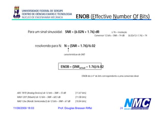 UNIVERSIDADE FEDERAL DE SERGIPE
       CENTRO DE CIÊNCIAS EXATAS E TECNOLOGIA
       NÚCLEO DE ENGENHARIA MECÂNICA                          ENOB (Effective Number Of Bits)

             Para um sinal sinusoidal SNR = (6 02N + 1.76) dB
                           sinusoidal:      (6.02N 1 76)                                           c/ N = resolução
                                                                                                    /
                                                                                 Conversor 12 bits – SNR = 74 dB    (6,02x12+1,76) = 74



                    resolvendo para N: N = (SNR – 1.76)/6.02

                                                  características do SAD




                                                ENOB = (SNRactual – 1.76)/6.02

                                                                     ENOB dá o nº de bits correspondente a uma conversão ideal




  ADC 7870 (Analog Devices) de 12 bits – SNR = 72 dB          [11,67 bits]
  MAX 1207 (Maxim) de 12 bits – SNR = 68,5 dB
           (M i ) d      bit          68 5                    [11,08 bit ]
                                                              [11 08 bits]
  NAD 12xx (Nordic Semiconduct) de 12 bits – SNR = 67 dB      [10,84 bits]


11/08/2009 18:03                            Prof. Douglas Bressan Riffel                                   24
 