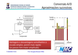 UNIVERSIDADE FEDERAL DE SERGIPE                                  Conversão A/D
      CENTRO DE CIÊNCIAS EXATAS E TECNOLOGIA
      NÚCLEO DE ENGENHARIA MECÂNICA                            Aproximações sucessivas
                                                                p      ç


                       V                                             fundo
                   referência   7 segmentos                          escala

                     A
                         D
                                                                        vi
                         _                        Gerador
                                                  de relógio
         vi              +
                         comparador



     Vantagens e desvantagens semelhantes à                                   1   0   0   1   1   0
                                                                                                      1   1   1   1   1   1




     escada simples, porém mais rápido
     (os passos têm maior amplitude).
11/08/2009 18:03                      Prof. Douglas Bressan Riffel                30
 