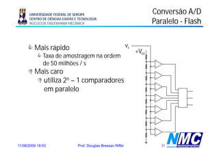 UNIVERSIDADE FEDERAL DE SERGIPE                                       Conversão A/D
      CENTRO DE CIÊNCIAS EXATAS E TECNOLOGIA
      NÚCLEO DE ENGENHARIA MECÂNICA                                         Paralelo - Flash


         Mais rápido                                            vi
                                                                     +Vcc
              Taxa de amostragem na ordem
                                                                             -
              de 50 milhões / s                                              +


         Mais caro                                                           -
                                                                             +

           utiliza 2n – 1 comparadores                                       -
           em paralelo                                                       +


                                                                             -
                                                                             +


                                                                             -
                                                                             +


                                                                             -
                                                                             +


                                                                             -
                                                                             +




11/08/2009 18:03                 Prof. Douglas Bressan Riffel                    31
 