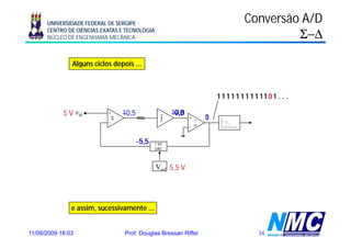 UNIVERSIDADE FEDERAL DE SERGIPE                                                      Conversão A/D
      CENTRO DE CIÊNCIAS EXATAS E TECNOLOGIA
      NÚCLEO DE ENGENHARIA MECÂNICA                                                                 Σ−Δ

               Alguns ciclos depois ...



                                                                          1 1 1 1 1 1 1 1 1 11 0 1 . . .

            5 V vin        +    10,5
                                –0,5
                                 5                     –0,5
                                                       10,0
                                                        0,0
                                                        9,5
                                                        4,5
                                                        4,5
                                                        3
                                                        5
                           –
                            Σ                     ∫           +
                                                                  ?
                                                                      0
                                                                      1
                                                              –   =

                                        –5,5
                                         5,5   1 bit
                                                                            1 se v ≥ 0 V
                                                                            0 se v < 0 V
                                               DAC

                                +Vref se 1
                                –Vref se 0
                                               Vref 5,5 V




               e assim sucessivamente ...
                 assim,


11/08/2009 18:03                 Prof. Douglas Bressan Riffel                                34
 