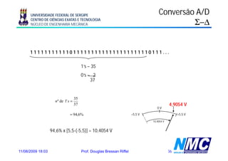 UNIVERSIDADE FEDERAL DE SERGIPE                                                 Conversão A/D
      CENTRO DE CIÊNCIAS EXATAS E TECNOLOGIA
      NÚCLEO DE ENGENHARIA MECÂNICA                                                            Σ−Δ


      1111111111101111111111111111111110111...

                                          1’s – 35
                                          0’s – 2
                                               37


                                     35
                     n º de 1' s =
                                     37                                                       4,9054 V
                                                                                     0V

                                = 94,6%                                  –5,5 V                    +5,5 V

                                                                                  10,4054 V


                   94,6% x [5,5-(-5,5)] = 10,4054 V



11/08/2009 18:03                          Prof. Douglas Bressan Riffel                        36
 