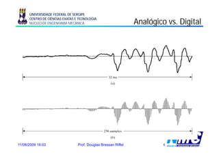 UNIVERSIDADE FEDERAL DE SERGIPE
      CENTRO DE CIÊNCIAS EXATAS E TECNOLOGIA
      NÚCLEO DE ENGENHARIA MECÂNICA                             Analógico vs. Digital
                                                                     g          g




11/08/2009 18:03                 Prof. Douglas Bressan Riffel            4
 