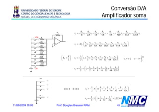UNIVERSIDADE FEDERAL DE SERGIPE                                                 Conversão D/A
      CENTRO DE CIÊNCIAS EXATAS E TECNOLOGIA
      NÚCLEO DE ENGENHARIA MECÂNICA                                                 Amplificador soma
                                                                                      p

                                                                RF     R      R      R       R      R      R      R
                                      RF               vo = −      v1 − F v2 − F v3 − F v4 − F v5 − F v6 − F v7 − F v8
                                                                R      2R     4R     8R     16 R   32 R   64 R   128R
                   MSB     R

                          2R
                                                                   ⎛v   v    v  v    v   v   v    v ⎞
                                                       vo = − RF ⋅ ⎜ 1 + 2 + 3 + 4 + 5 + 6 + 7 + 8 ⎟
                          4R                                       ⎝ R 2 R 4 R 8R 16 R 32 R 64 R 128R ⎠
                          8R
                         16R
                         32R               ⎛     R⎞         1⎛     v v v v         v   v    v ⎞                                  0
                                           ⎜ RF = ⎟   vo = − ⎜ v1 + 2 + 3 + 4 + 5 + 6 + 7 + 8 ⎟           vk = v ⋅ ik   c/ i =
                         64R               ⎝     2⎠         2⎝      2 4 8 16 32 64 128 ⎠                                         1
                         128R
                                                            1 ⎛          i i i        i   i   i   i ⎞
                   LSB                                vo = − ⋅ v ⋅ ⎜ i1 + 2 + 3 + 4 + 5 + 6 + 7 + 8 ⎟
                                                            2 ⎝           2 4 8 16 32 64 128 ⎠


                         MSB

                                “1”


                                “1”

                                                                          1 ⎛ 0 1 0 0 1        0  1 ⎞
                                “0”         1010      0101          vo = − ⋅ 5 ⋅ ⎜1 + + + + + + +   ⎟
                                                                          2 ⎝ 2 4 8 16 32 64 128 ⎠

                         LSB
                                “1”                                       1 ⎛ 1 1         1 ⎞
                                                                    vo = − ⋅ 5 ⋅ ⎜1 + + +   ⎟ = 3,22265...V
                                                                          2 ⎝ 4 32 128 ⎠

11/08/2009 18:03                      Prof. Douglas Bressan Riffel                                 40
 