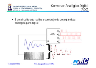 UNIVERSIDADE FEDERAL DE SERGIPE                   Conversor Analógico-Digital
                                                                  Analógico-
      CENTRO DE CIÊNCIAS EXATAS E TECNOLOGIA
      NÚCLEO DE ENGENHARIA MECÂNICA                                          (ADC)

     • É um circuito que realiza a conversão de uma grandeza
       analógica para digital




11/08/2009 18:03                 Prof. Douglas Bressan Riffel         9
 