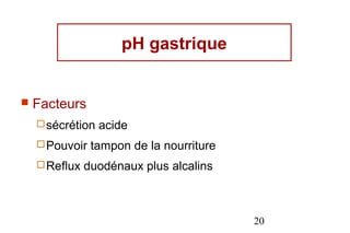 pH gastrique


   Facteurs
     sécrétion   acide
     Pouvoir   tampon de la nourriture
     Reflux   duodénaux plus alcalins



                                          20
 