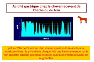 Acidité gastrique chez le cheval recevant de
                     l’herbe ou du foin

               8


               7

               6
          pH



               5


               4


               3


               2


               1


               0


                                Time




    pH sur 24h de l’estomac d’un cheval ayant un libre accès à la
nourriture (foin) ; le pH s’élève chaque fois que l’animal mange car le
foin absorbe l’acidité gastrique et parce que la sécrétion salivaire est
                                augmentée              24
 