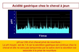 Acidité gastrique chez le cheval à jeun
            7


            6


            5
       pH


            4


            3


            2


            1


            0


                                   Time

               pH sur 24h d’un cheval privé de nourriture ;
Le pH moyen est de 1.6 car la sécrétion gastrique est continue chez le
cheval et elle ne sera pas tamponnée par la salive dont la sécrétion est
                                                      25
                    associée à la prise de nourriture
 