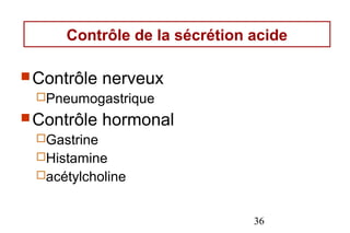 Contrôle de la sécrétion acide

 Contrôle    nerveux
  Pneumogastrique
 Contrôle    hormonal
  Gastrine
  Histamine
  acétylcholine



                               36
 