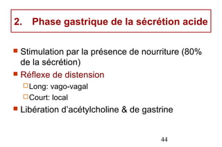 2.     Phase gastrique de la sécrétion acide

 Stimulation par la présence de nourriture (80%
  de la sécrétion)
 Réflexe de distension
      Long: vago-vagal
      Court: local
   Libération d’acétylcholine & de gastrine


                                        44
 