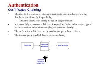 • Chaining is the practice of signing a certificate with another private key
that has a certificate for its public key
– Similar to the passport having the seal of the government
• It is essentially a person’s public key & some identifying information signed
by an authority’s private key verifying the person’s identity
• The authorities public key can be used to decipher the certificate
• The trusted party is called the certificate authority
Authentication
Cerftificates Chaining
Certificate
Authority’s
Private Key
Signature
Algorithm
New Certificate
Certificate
 