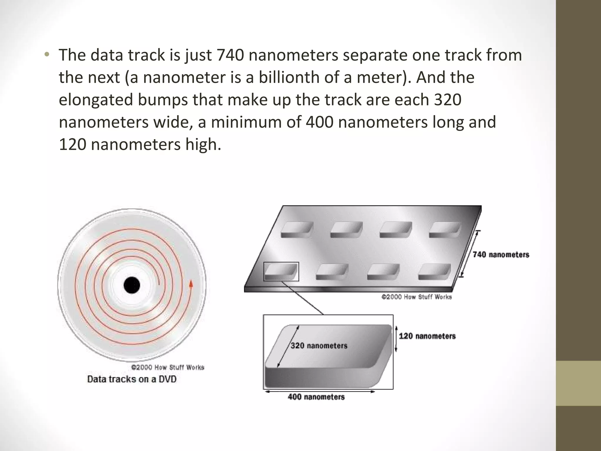 The data track is just 740 nanometers separate one track from the next (a nanometer is a billionth of a meter). And the elongated bumps that make up the track are each 320 nanometers wide, a minimum of 400 nanometers long and 120 nanometers high. 