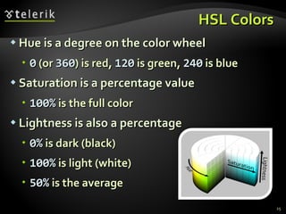 HSL Colors Hue is a degree on the color wheel 0  (or  360 ) is red,  120  is green,  240  is blue Saturation is a percentage value 100%  is the full color Lightness is also a percentage 0%  is dark (black) 100%  is light (white) 50%  is the average 