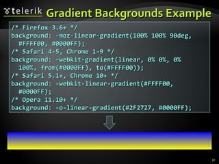 Gradient Backgrounds Example /* Firefox 3.6+ */ background: -moz-linear-gradient(100% 100% 90deg,  #FFFF00, #0000FF); /* Safari 4-5, Chrome 1-9 */ background: -webkit-gradient(linear, 0% 0%, 0%  100%, from(#0000FF), to(#FFFF00)); /* Safari 5.1+, Chrome 10+ */ background: -webkit-linear-gradient(#FFFF00,  #0000FF); /* Opera 11.10+ */ background: -o-linear-gradient(#2F2727, #0000FF); 