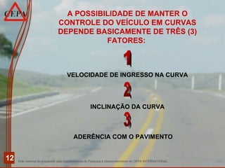 Este material foi preparado pelo Departamento de Pesquisa e Desenvolvimento do CEPA INTERNATIONAL
12
A POSSIBILIDADE DE MANTER O
CONTROLE DO VEÍCULO EM CURVAS
DEPENDE BASICAMENTE DE TRÊS (3)
FATORES:
VELOCIDADE DE INGRESSO NA CURVA
INCLINAÇÃO DA CURVA
ADERÊNCIA COM O PAVIMENTO
 