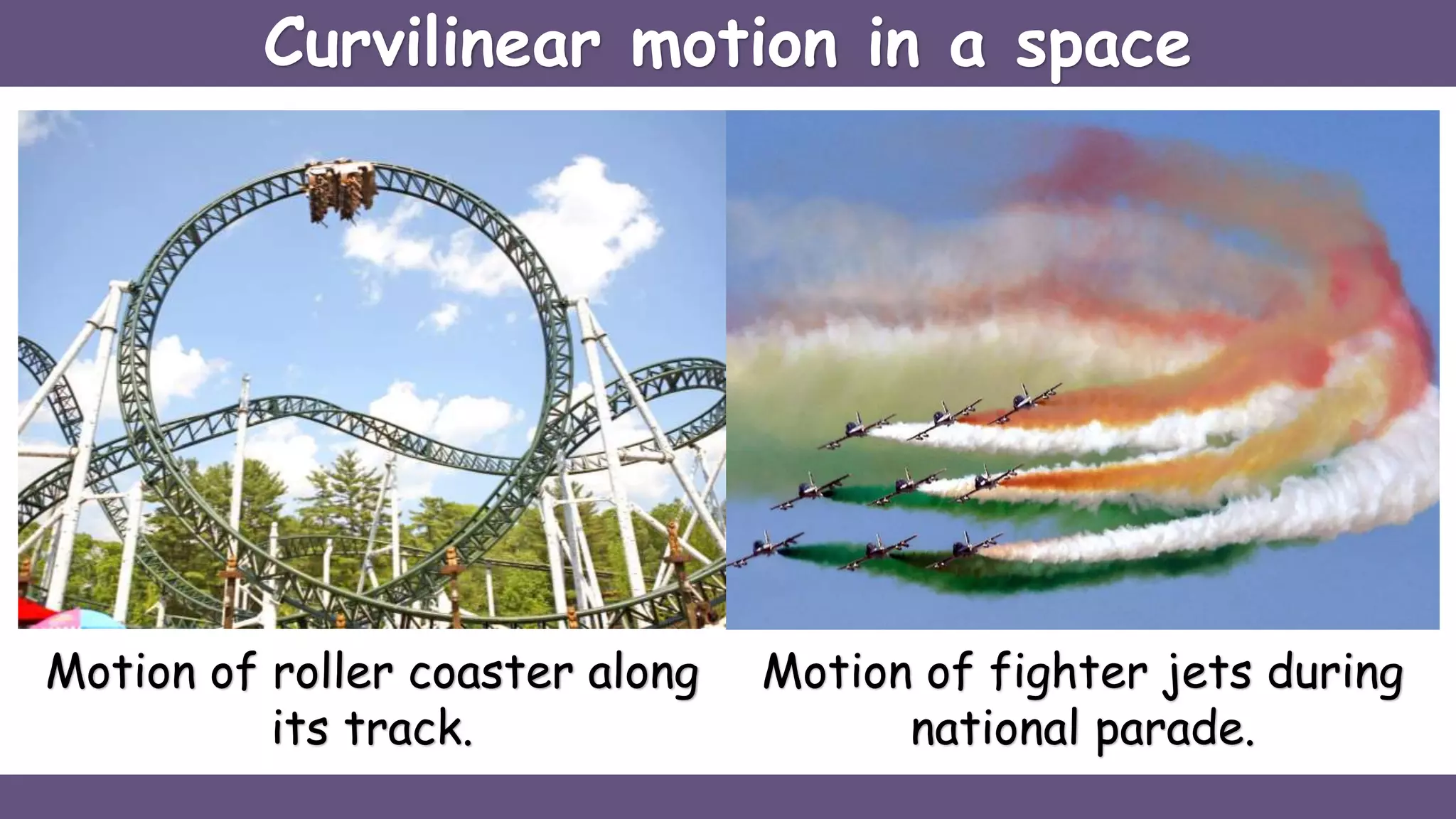 Motion of roller coaster along
its track.
Motion of fighter jets during
national parade.
Curvilinear motion in a space
 