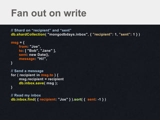 // Shard on “recipient” and “sent”
db.shardCollection( "mongodbdays.inbox", { ”recipient”: 1, ”sent”: 1 } )
msg = {
from: "Joe”,
to: [ "Bob", "Jane" ],
sent: new Date(),
message: "Hi!",
}
// Send a message
for ( recipient in msg.to ) {
msg.recipient = recipient
db.inbox.save( msg );
}
// Read my inbox
db.inbox.find( { recipient: "Joe" } ).sort( { sent: -1 } )
Fan out on write
 