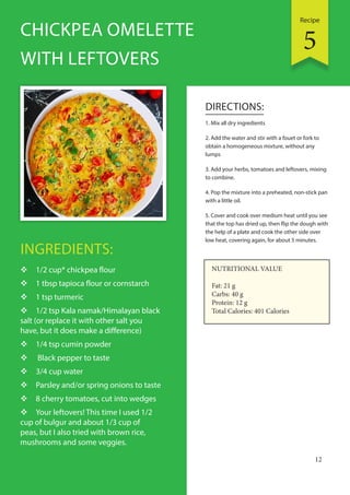 Recipe
12
INGREDIENTS:
 1/2 cup* chickpea flour
 1 tbsp tapioca flour or cornstarch
 1 tsp turmeric
 1/2 tsp Kala namak/Himalayan black
salt (or replace it with other salt you
have, but it does make a difference)
 1/4 tsp cumin powder
 Black pepper to taste
 3/4 cup water
 Parsley and/or spring onions to taste
 8 cherry tomatoes, cut into wedges
 Your leftovers! This time I used 1/2
cup of bulgur and about 1/3 cup of
peas, but I also tried with brown rice,
mushrooms and some veggies.
DIRECTIONS:
1. Mix all dry ingredients
2. Add the water and stir with a fouet or fork to
obtain a homogeneous mixture, without any
lumps
3. Add your herbs, tomatoes and leftovers, mixing
to combine.
4. Pop the mixture into a preheated, non-stick pan
with a little oil.
5. Cover and cook over medium heat until you see
that the top has dried up, then flip the dough with
the help of a plate and cook the other side over
low heat, covering again, for about 5 minutes.
CHICKPEA OMELETTE
WITH LEFTOVERS
NUTRITIONAL VALUE
Fat: 21 g
Carbs: 40 g
Protein: 12 g
Total Calories: 401 Calories
5
 
