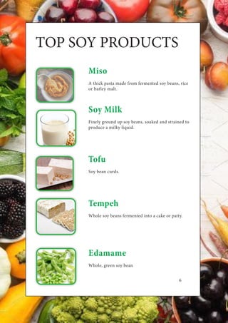 6
TOP SOY PRODUCTS
Miso
A thick pasta made from fermented soy beans, rice
or barley malt.
Soy Milk
Finely ground up soy beans, soaked and strained to
produce a milky liquid.
Tofu
Soy bean curds.
Tempeh
Whole soy beans fermented into a cake or patty.
Edamame
Whole, green soy bean
 