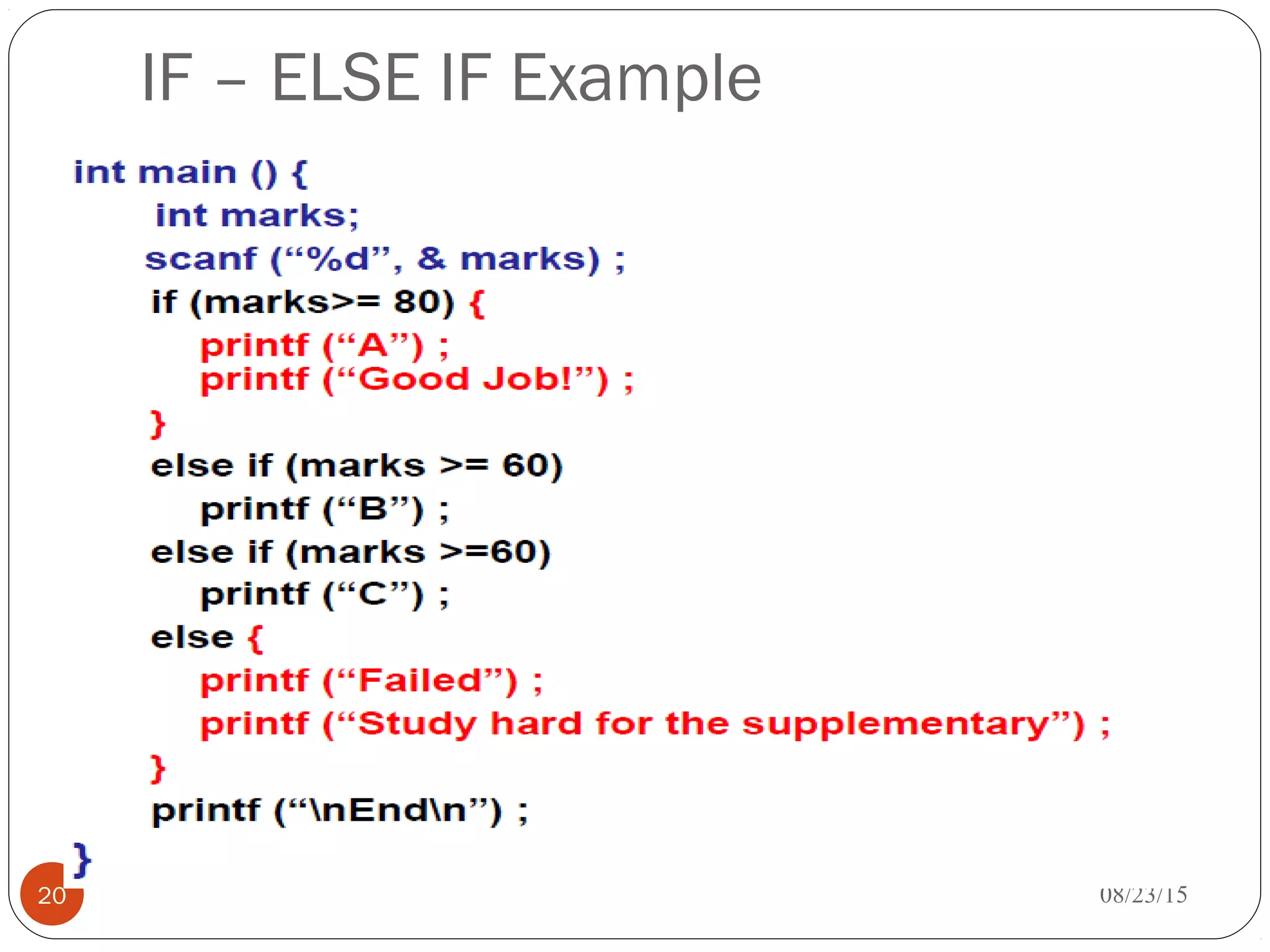 IF – ELSE IF Example
20 08/23/15
 