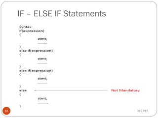 IF – ELSE IF Statements
16 08/23/15
 