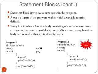 Statement Blocks (cont..)
Statement block introduces a new scope in the program.
A scope is part of the program within which a variable remains
defined.
Every function has a function body consisting of s set of one or more
statements, i.e. a statement block, due to this reason , every function
body is confined within a pair of curly braces.
3
Program-1
#include<stdio.h>
main(){
int a=3;
{
int a=10;
printf(“a=%d",a);
}
printf(“na=%d",a);
}
Program-2
#include<stdio.h>
main(){
int a=3;
{
int b=10;
printf(“a=%d",a);
}
printf(“nb=%d",b);
}
a=10
a=3
 