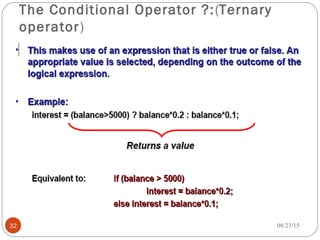 The Conditional Operator ?:(Ternary
operator)
32 08/23/15
 