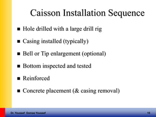 Dr. Youssef Gomaa Youssef 10
Caisson Installation Sequence
 Hole drilled with a large drill rig
 Casing installed (typically)
 Bell or Tip enlargement (optional)
 Bottom inspected and tested
 Reinforced
 Concrete placement (& casing removal)
 